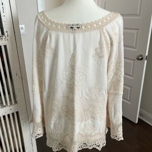 Scoop neck, embroidered ivory blouse with bell sleeves